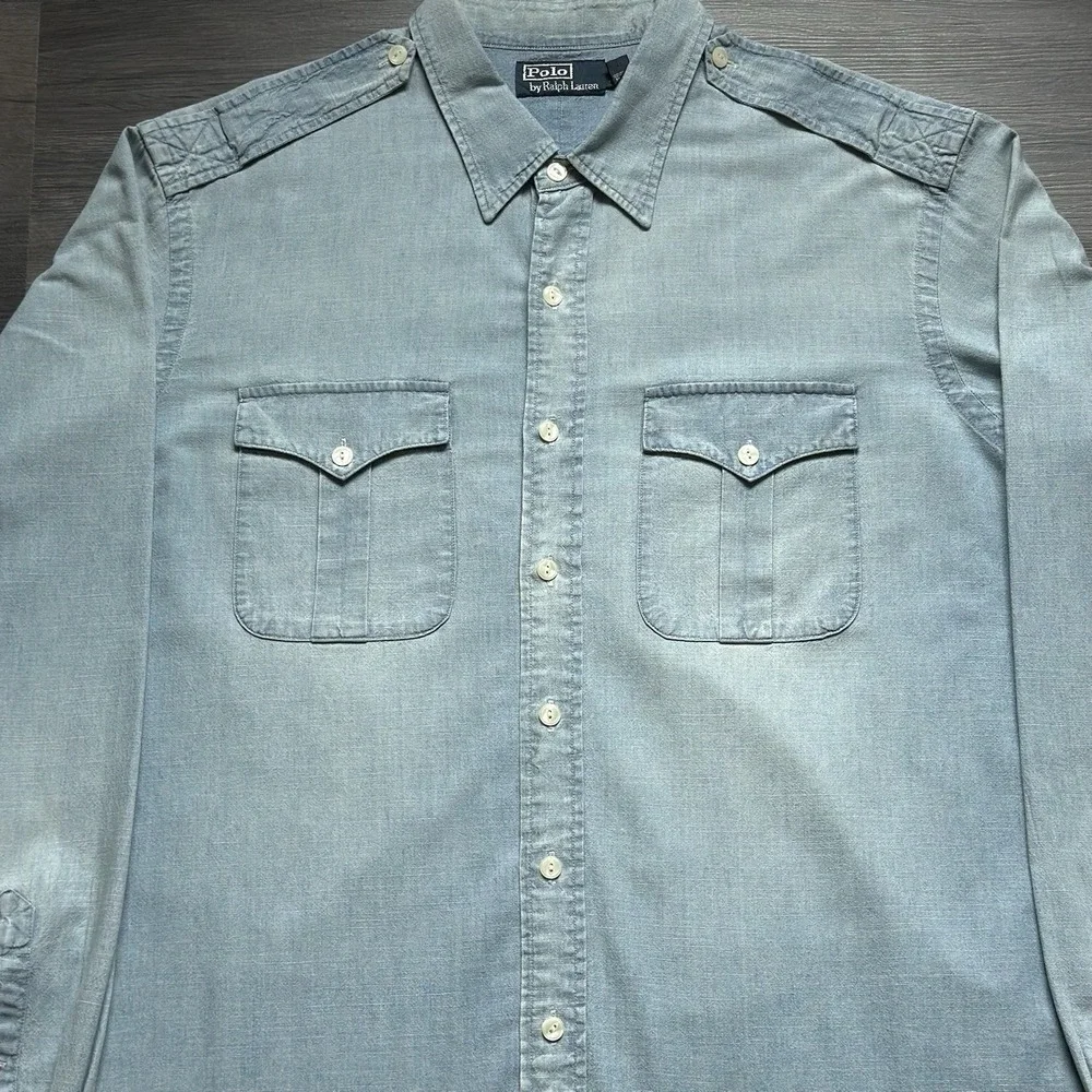 Vintage Polo Ralph Lauren Chambray Denim Work Shirt Mens 2XL Front Pockets